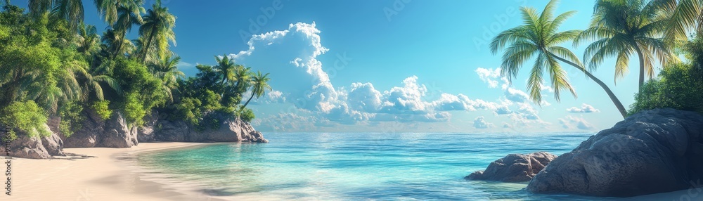 Fototapeta Tropical Paradise Beach with Palm Trees and Turquoise Water