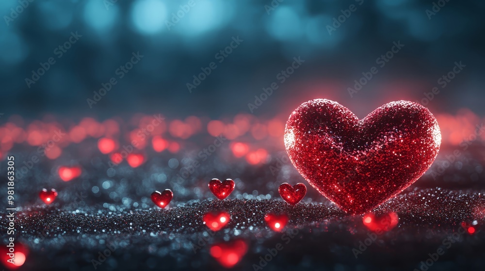 Red Glitter Heart on Sparkly Surface with Bokeh Background Red Glitter Heart on Sparkly Surface with Bokeh Background