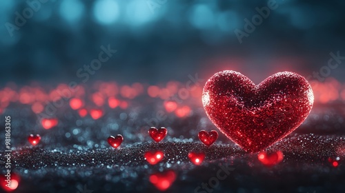 Red Glitter Heart on Sparkly Surface with Bokeh Background