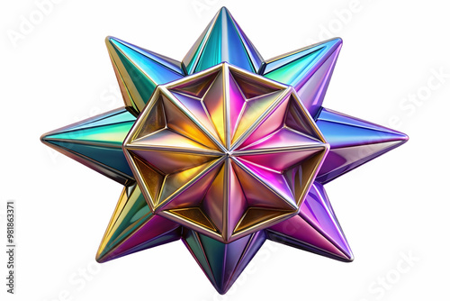 Vibrant 3D Holographic Star Ornament Concept for Happy New Year 2025: Isolated Icon with Reflective Surface & Intricate Designs on White Background