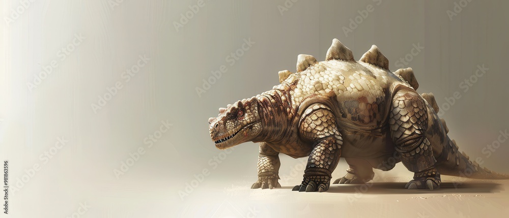 Fototapeta premium A dinosaur is walking on a sandy beach