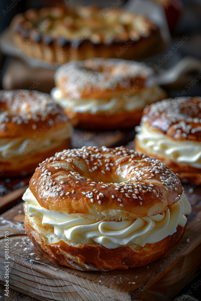 Fresh, delicious bagels topped with creamy cheese spread, perfect for a savory breakfast or brunch treat Fresh, delicious bagels topped with creamy cheese spread, perfect for a savory breakfast or brunch treat