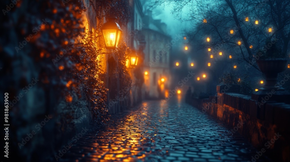 Fototapeta premium Magical Night Street with Lanterns and Fog Generative AI