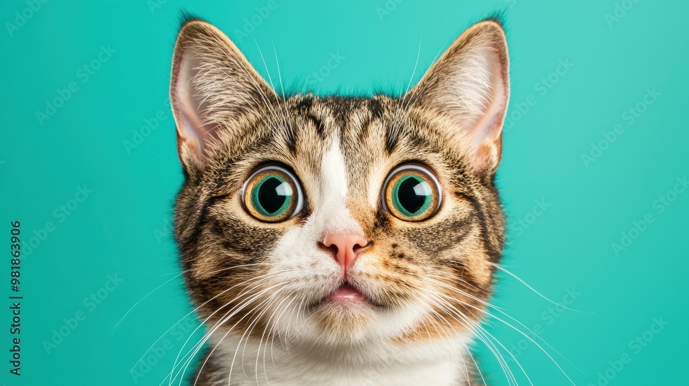 Obraz premium Close up of a Surprised Cat with Green Eyes Against a Turquoise Background