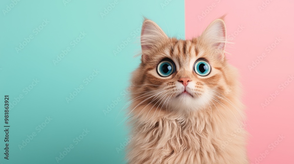 Fototapeta premium Cute Cat with Big Blue Eyes on Pastel Background