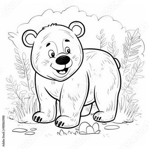 coloring page for kids, bear, cartoon style, thick line,low detail, no shading