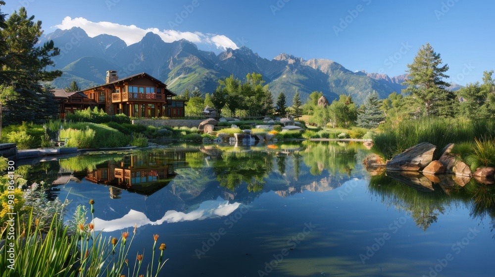 A large house sits on a lake with mountains in the background