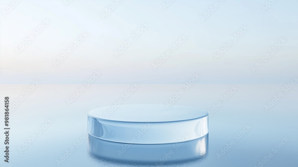 Minimalist circular glass product floating on water with soft lighting and symmetrical composition, featuring delicate textures and high-definition transparency. Rendered in Cinema4D style with a ligh Minimalist circular glass product floating on water with soft lighting and symmetrical composition, featuring delicate textures and high-definition transparency. Rendered in Cinema4D style with a ligh