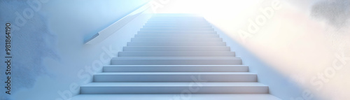 Ascending White Staircase Concept - Wide Shot of a White Staircase Symbolizing Personal Growth, Progress, and Ascendance into Space on Isolated White Background