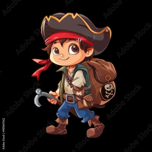 Young pirate adventurer with a hook and treasure bag