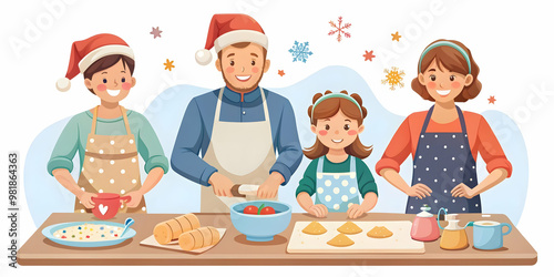 Flat Candid Christmas Baking Scene: Joyful Children and Parents Making Cookies in a Warm Kitchen - Delightful Holiday Moments Captured in a Vector Illustration
