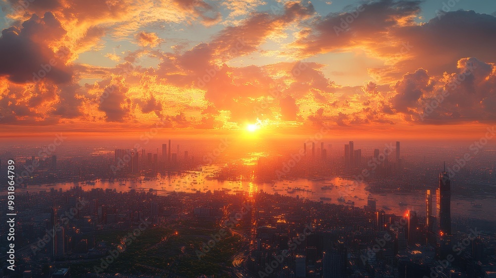 Obraz premium Golden Sunset Over a Majestic Cityscape Generative AI