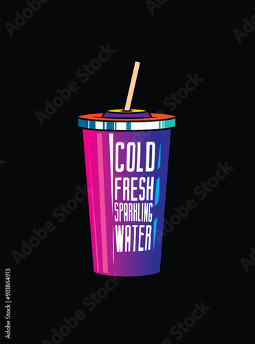 Fast food plastic cup with straw. Hot or cold drink. Original vector illustration in vintage style.