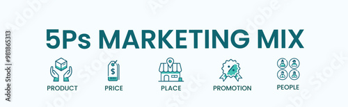 5P Marketing mix web icon vector illustration concept for business and digital marketing, price, place, promotion, people and product. Minimal vector infographic.