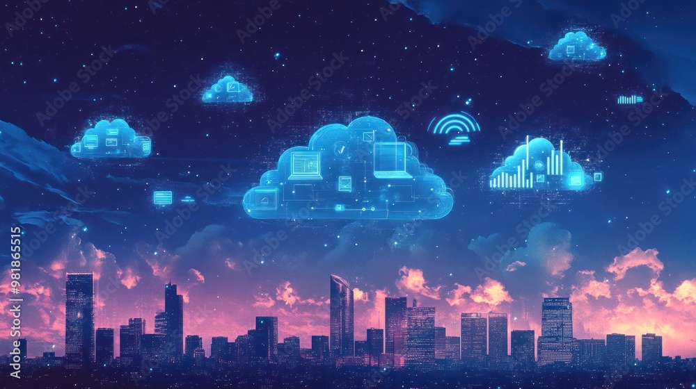 Fototapeta premium Cloud Computing Over Cityscape