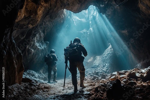 Soldiers seen walking in cave 