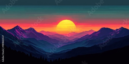 A vibrant sunset casts warm light over a vast, mountainous landscape. photo