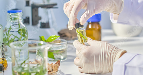 Canvastavla A scientist carefully examines a small vial filled with a yellowish liquid and contains a small piece of green plant
