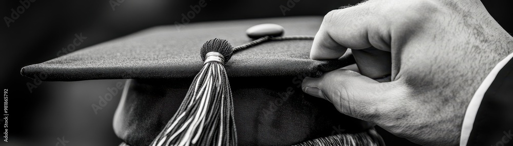 Black and white close-up image of a graduate's hand adjusting the tassel on a mortarboard cap, symbolizing achievement. Black and white close-up image of a graduate's hand adjusting the tassel on a mortarboard cap, symbolizing achievement.