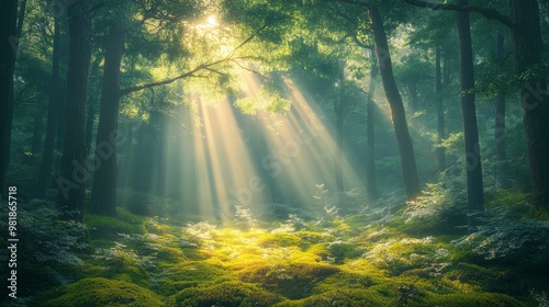 Sunbeams Illuminating a Mossy Forest Floor