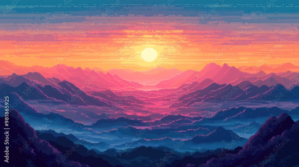 Pixelated Sunset Over a Mountain Range Pixelated Sunset Over a Mountain Range