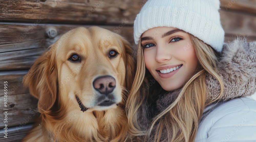 Young Woman in White Hat with Golden Retriever in Winter, Close-Up Portrait Young Woman in White Hat with Golden Retriever in Winter, Close-Up Portrait