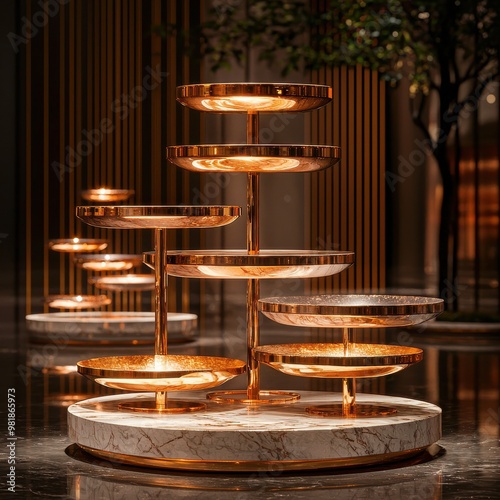 Rustic wooden and metal cake stand display with warm lighting photo