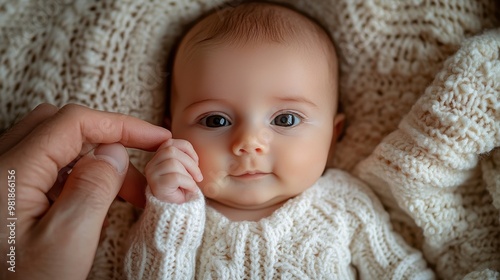 Adorable close-up of a baby in a white knit sweater, holding onto a parent's finger, symbolizing love and connection.