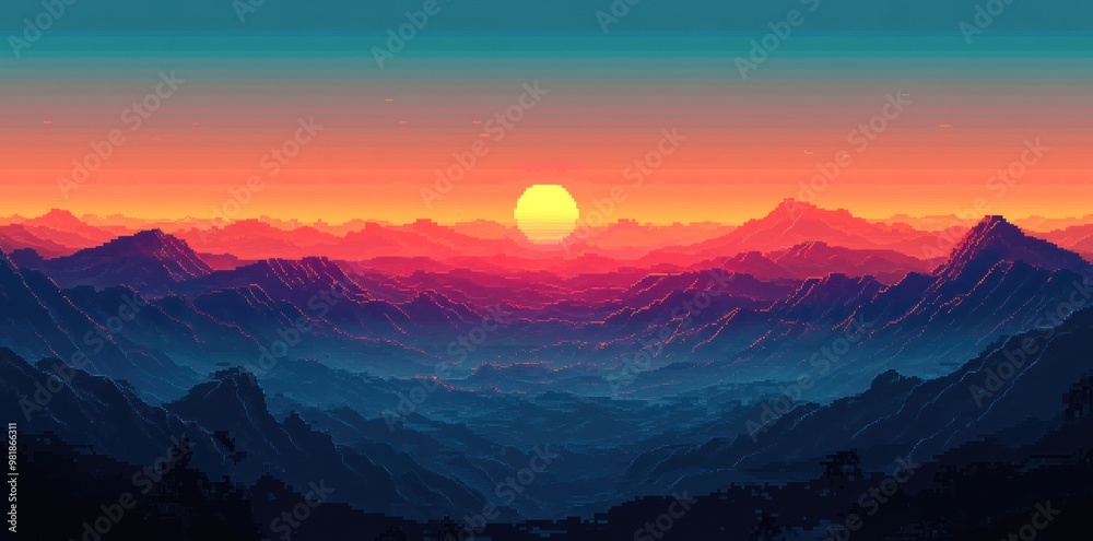 Fototapeta premium Pixelated Sunset Over a Mountain Range