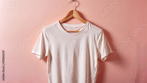 A plain white t-shirt hangs on a wooden hanger against a soft pink background, suggesting simplicity and minimalism in fashion. photo