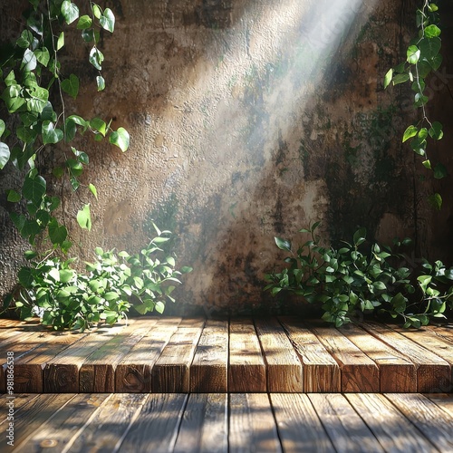 Rustic wooden deck in lush green forest with sunbeam shining through the leaves