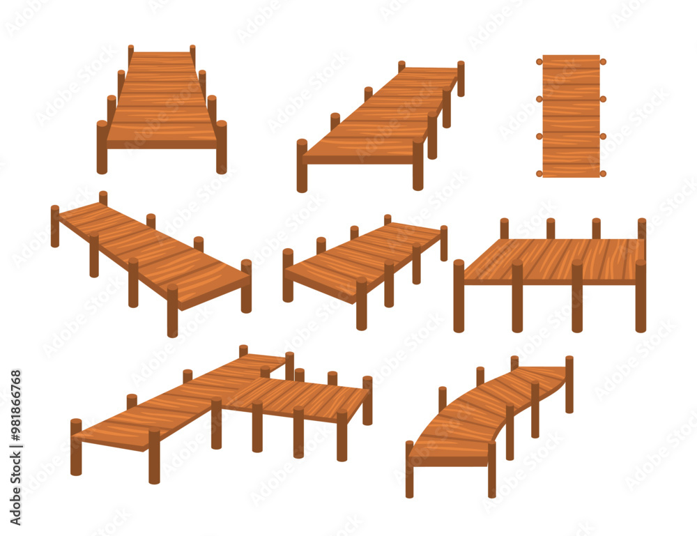 Set of wooden pier icons set cartoon collection, seashore wooden pier dock for a yacht or boat, fishing dock, beach scene isolated on white background, vector illustration.