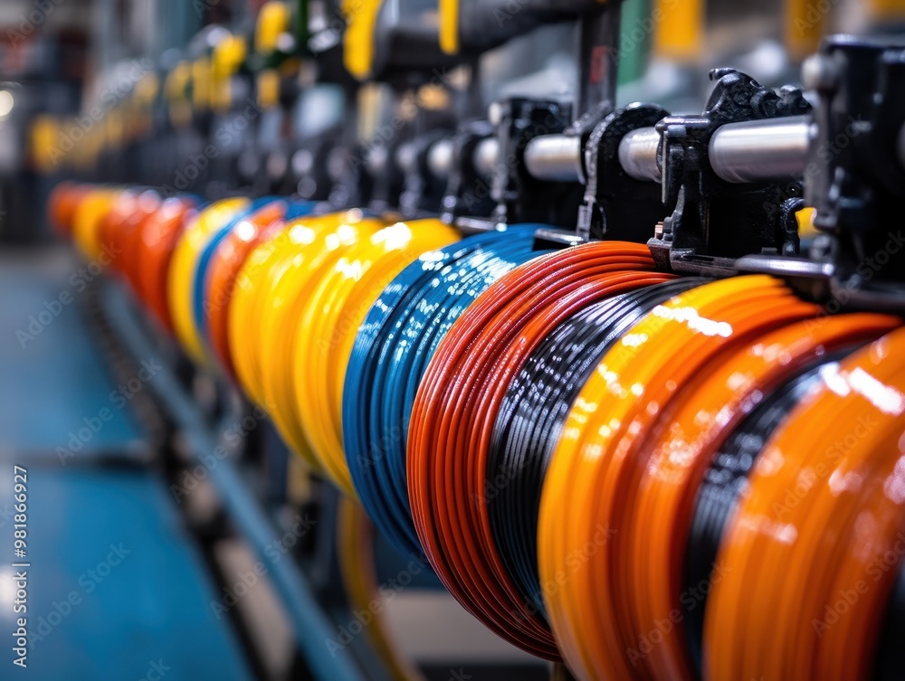Vibrant rows of industrial cable coils in yellow, orange, and blue lined up in a manufacturing setting. Vibrant rows of industrial cable coils in yellow, orange, and blue lined up in a manufacturing setting.