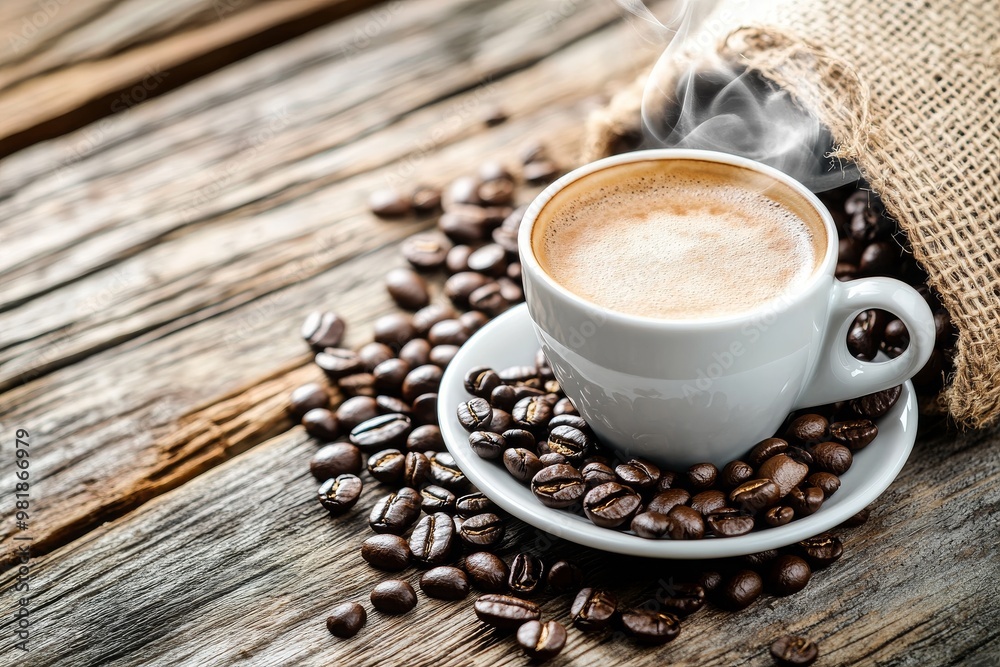 A Cup of Coffee with Steam and Coffee Beans on Rustic Wood A Cup of Coffee with Steam and Coffee Beans on Rustic Wood