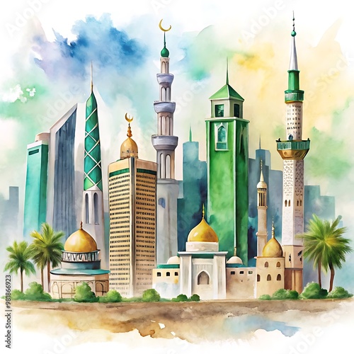 Saudi and Qatar National Day Poster Watercolor Illustration with Iconic Buildings  photo