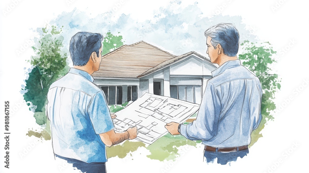 Architects Discussing House Plans Watercolor Illustration