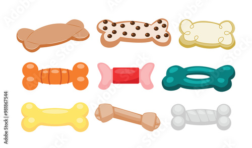 Set of dog bone toy collection, dog bone cartoon, dog bone biscuit set, dog bone treat for pet snack or meal, domestic animal care treatment, chewing food for eat, vector illustration