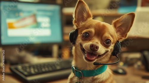 A cheerful dog wearing a headset in an office setting, showcasing the playful side of remote work and pet companionship. photo