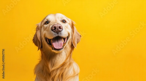 A cheerful golden retriever with a bright smile against a vibrant yellow background, perfect for pet and happiness themes. photo