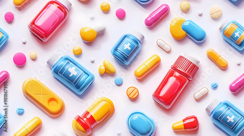 Seamless 3D Cartoon Medicine Tiles Design: Colorful Medicine Bottles & Pills Pattern for Medical Treatment Adherence Background