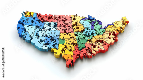 3D Jigsaw Map of Voting Districts Vector Illustration - Conceptual Puzzle Design Showcasing Redistricting Possibilities with Room for Labels, 3D Icon on White Background photo