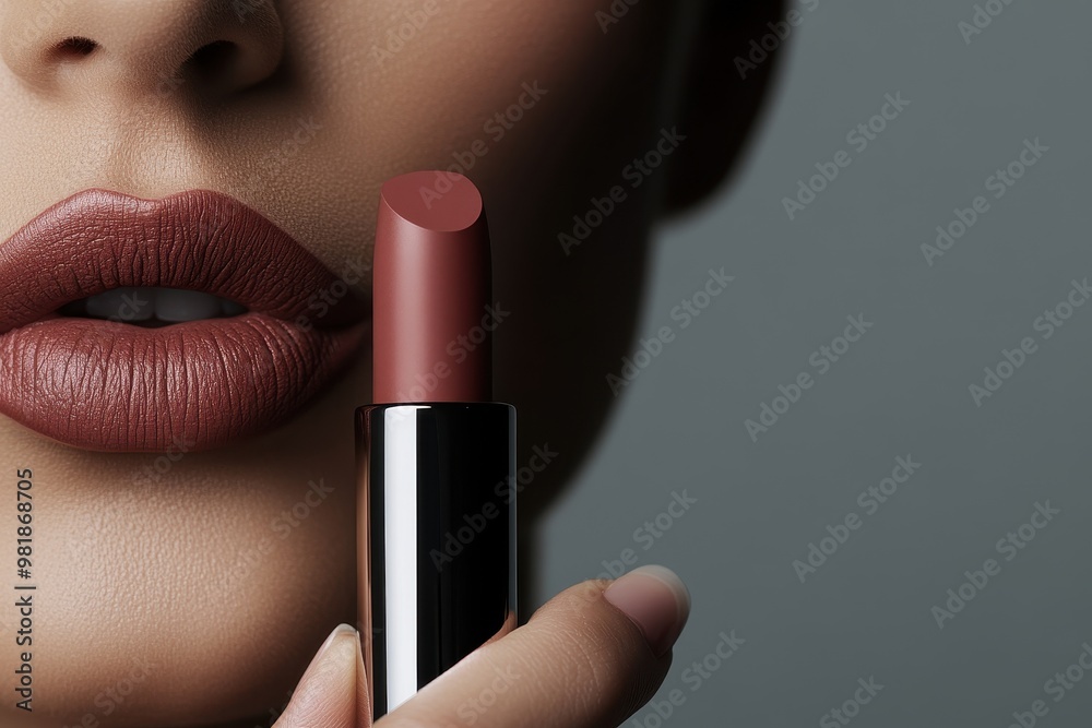 Obraz premium Extreme close-up of a woman applying matte lipstick, highlighting the detailed texture and color of the makeup.
