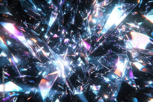 Shattered glass explosion with colorful refractions. Abstract dynamic background of shards and shattered splinters.