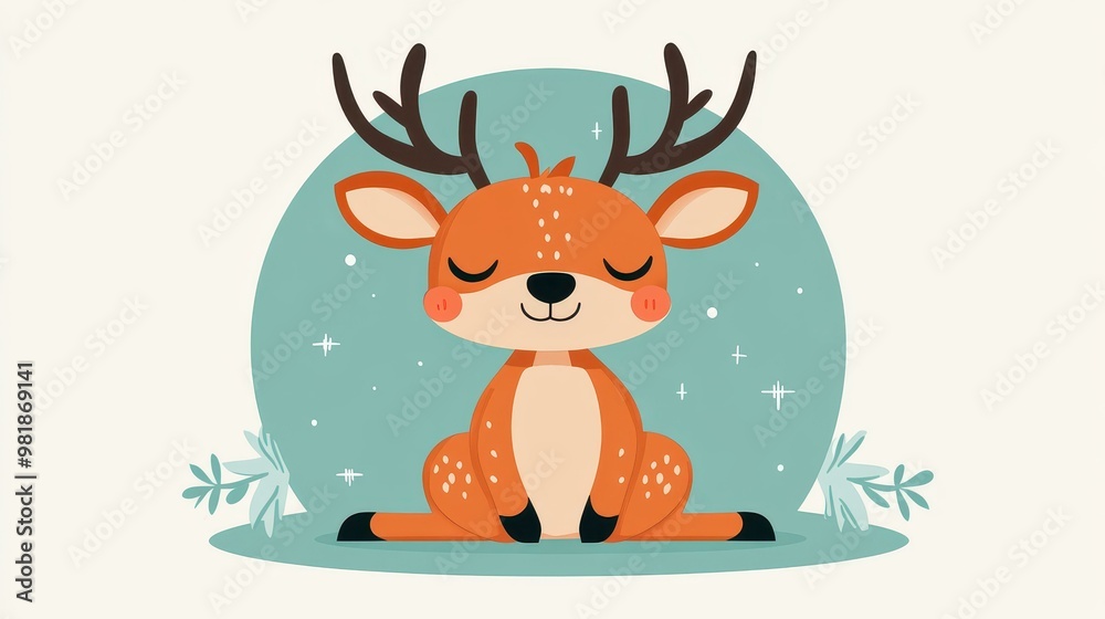 A charming cartoon reindeer sits with elegance, featuring modern textures in a colorful flat design style.