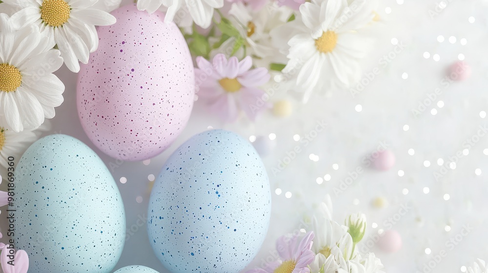 Pastel Easter Eggs and Daisies Spring Background Pastel Easter Eggs and Daisies Spring Background