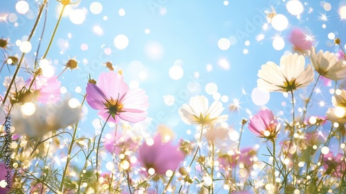 Blooming Cosmos Flowers with Sun Flare and Bokeh