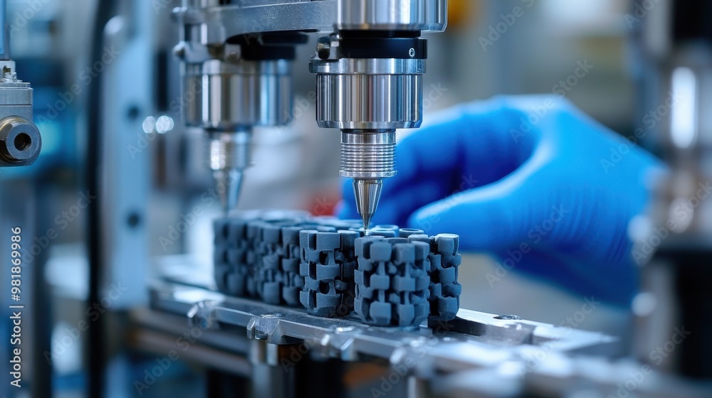 Close-up of a CNC machine in operation, with a focus on the precision tooling and a worker's hand in blue gloves. Close-up of a CNC machine in operation, with a focus on the precision tooling and a worker's hand in blue gloves.