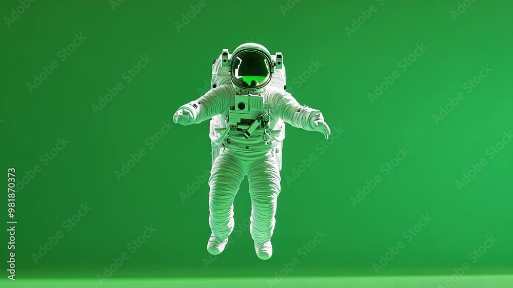 Astronaut floats effortlessly in front of a green screen, embodying zero gravity in a sleek space suit, hinting at the exciting future of space travel