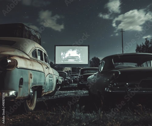 Abandoned Classic Drive In Theater in the Moonlit Night Landscape