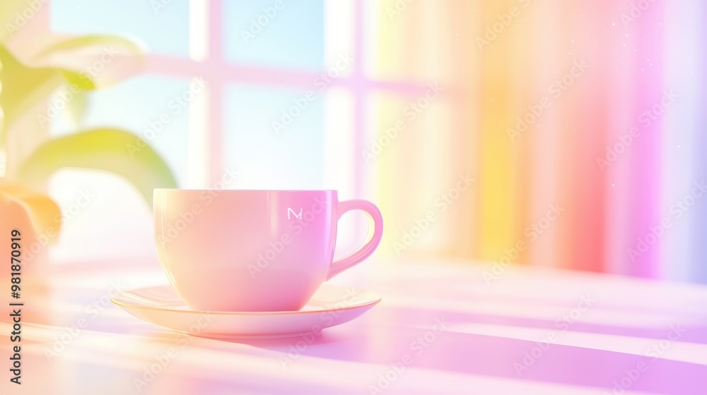 Pink Coffee Cup and Saucer on Table with Window View Pink Coffee Cup and Saucer on Table with Window View